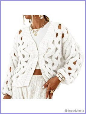 Crochet Hollow Out Knit Cardigan V-Neck Button Down Oversized Sweater